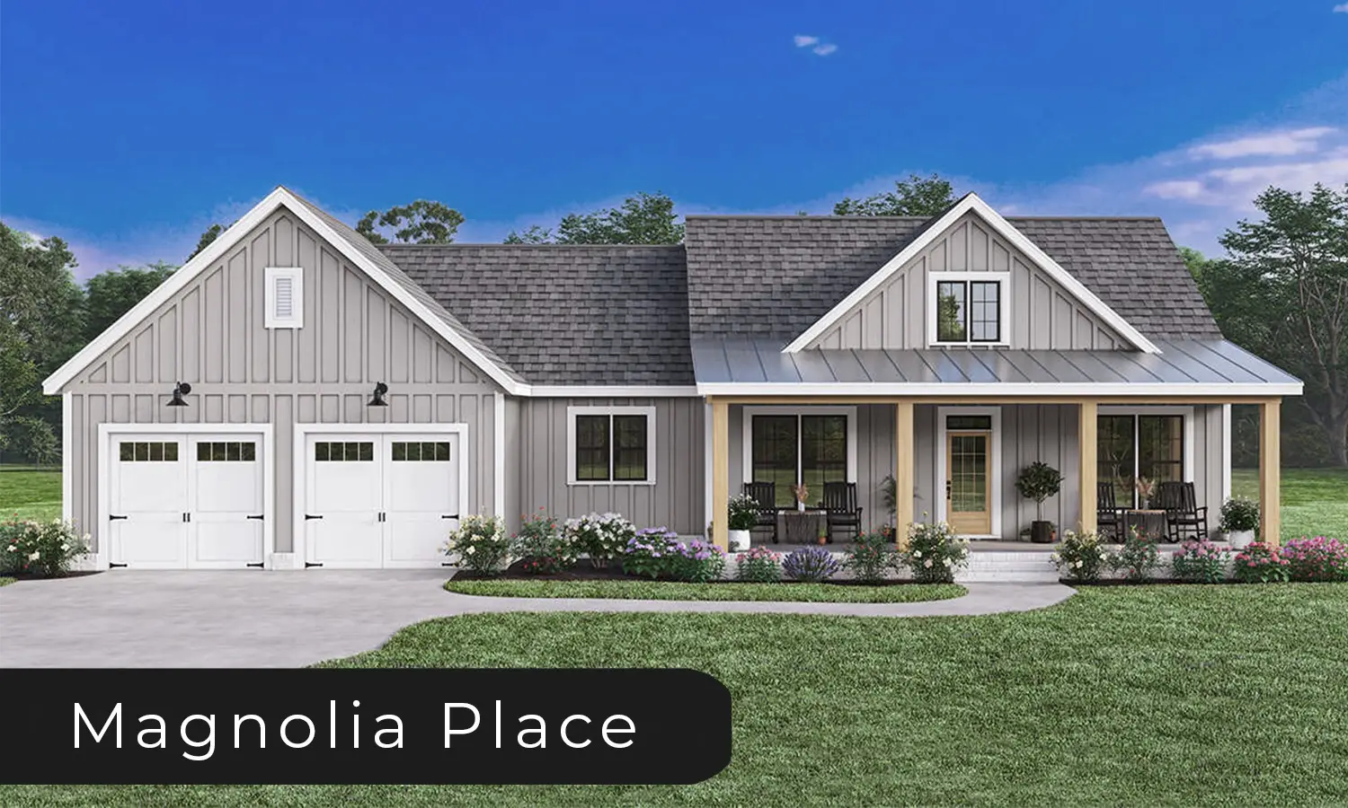 New Construction Custom Home gray farmhouse style home with gray shingles and 2 car garage