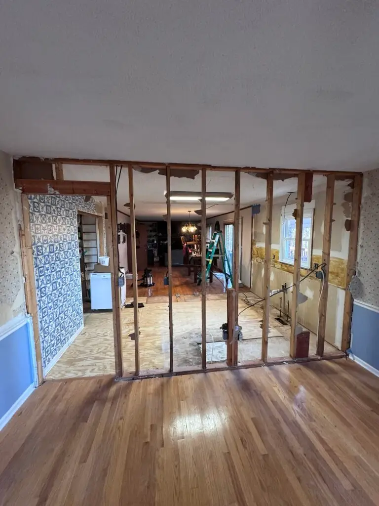 wall that has been demoed for a kitchen remodel