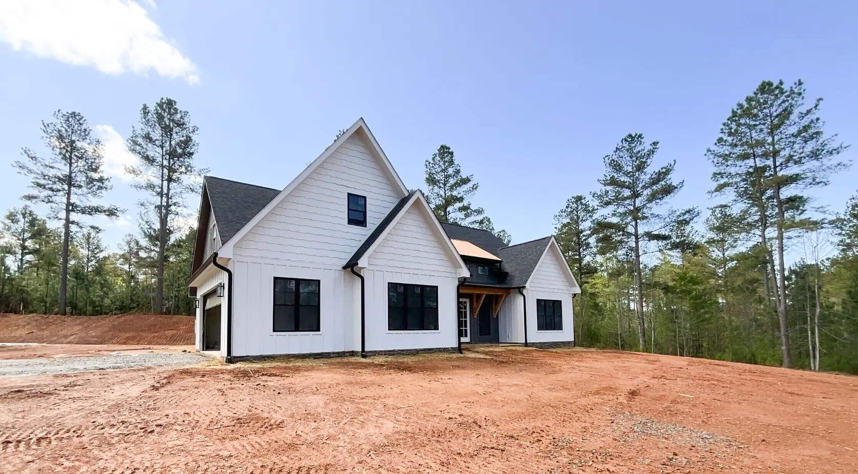 new construction home modern farmhouse with white exterior board and batten siding, black shingles