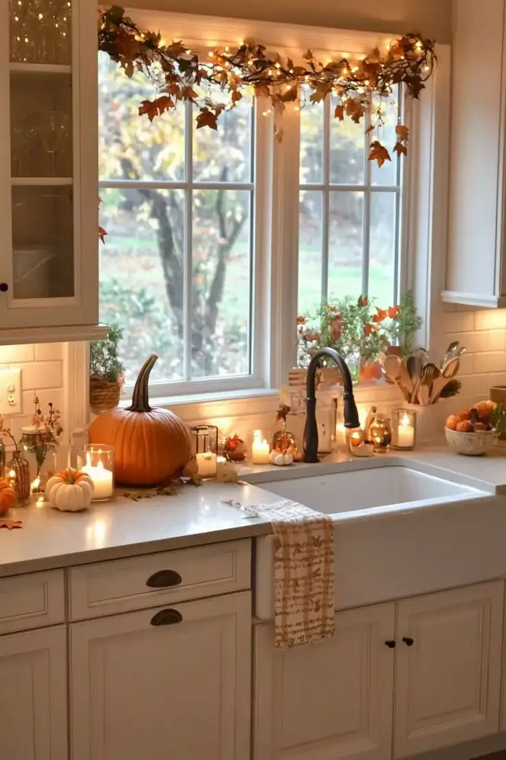 thanksgiving themed kitchen white cabinets, candles, pumpkins on the counters