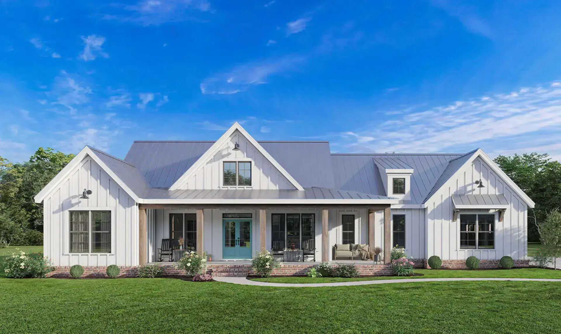 modern white new construction farmhouse front with grass front yard and gray metal roof
