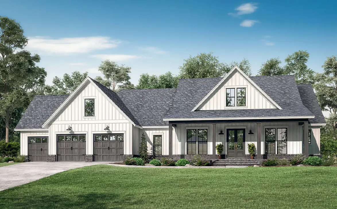 new construction white modern farmhouse front with three car garage, covered front porch, green grass front yard, gray roof shingles