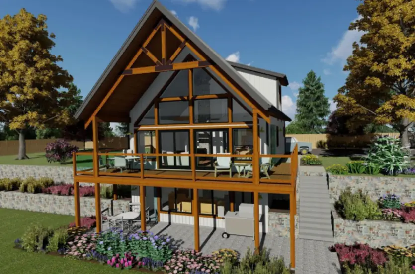 new construction modern cabin with vaulted ceiling covered porch 
