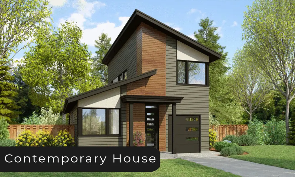 Modern new construction house plan, sloped roof, gray exterior siding with wood siding, black garage door, large front windows