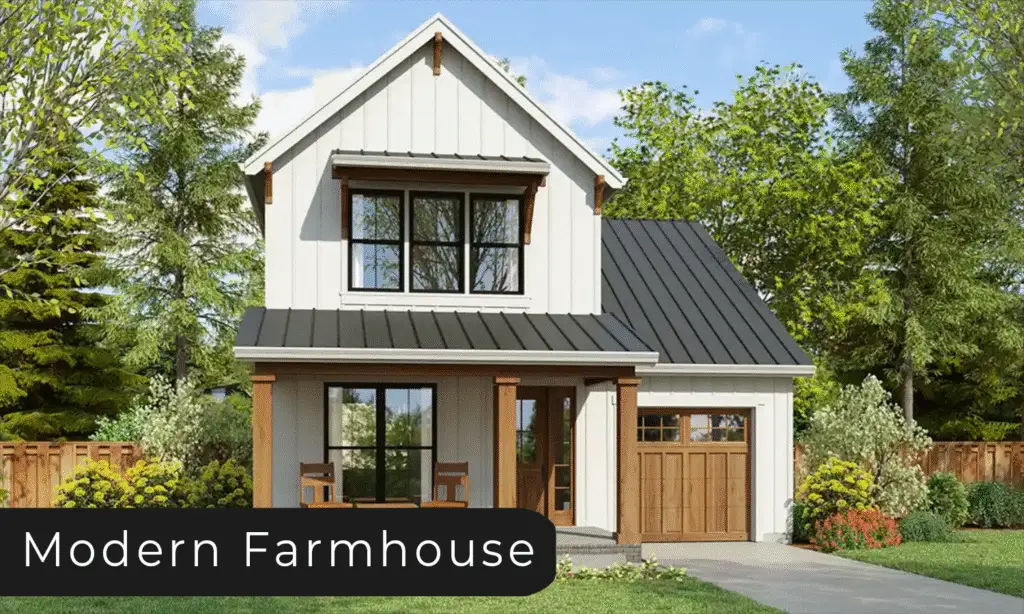 modern farmhouse front new construction white siding, wood garage door, wood front porch beams
