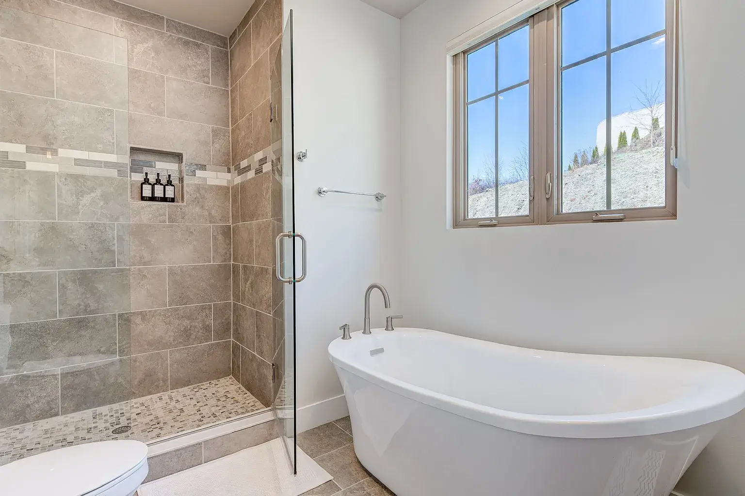 bathroom with mountain views in Asheville NC home
