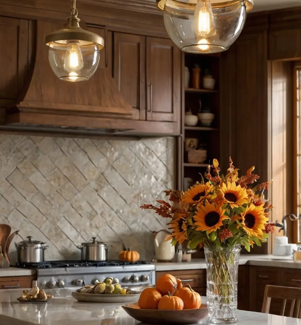 new construction kitchen remodel with brown kitchen cabinets, cabinet hood, gas stovetop, quartz countertop island with pumpkins in a bowl sitting on the island