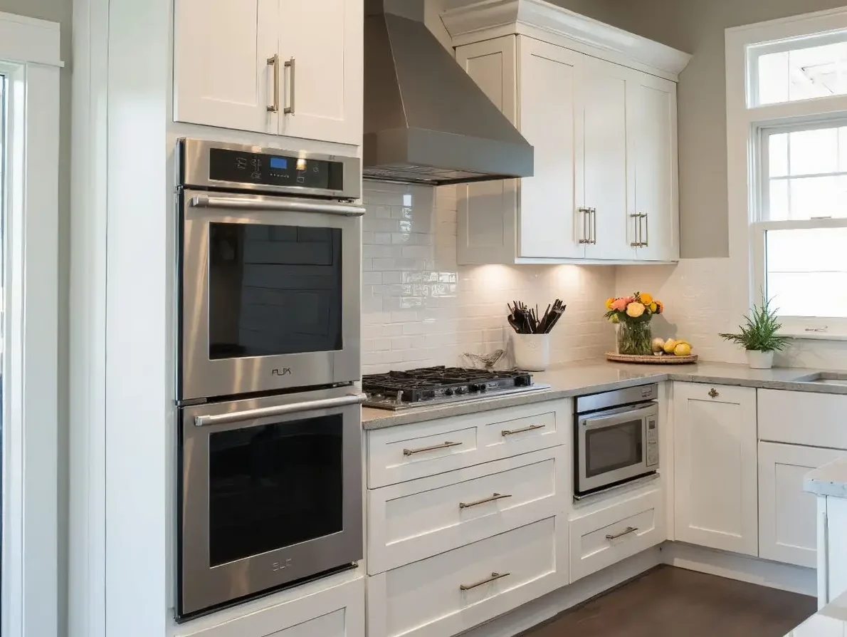 kitchen remodel with stainless steel double ovens and white shaker cabinets