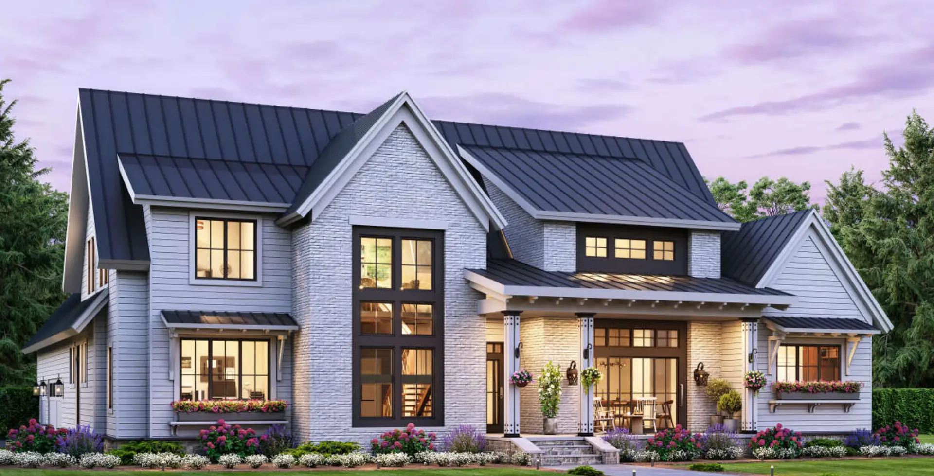 Large modern farmhouse-style home with brick and lap siding, oversized windows, and a metal roof