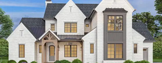 Modern transitional home with white brick siding and decorative gables