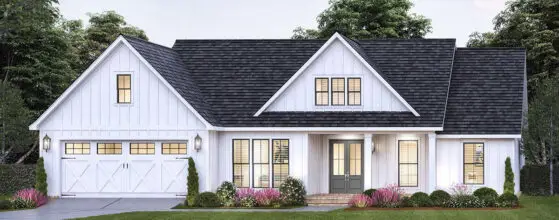 Modern white farmhouse with black trim and attached two-car garage
