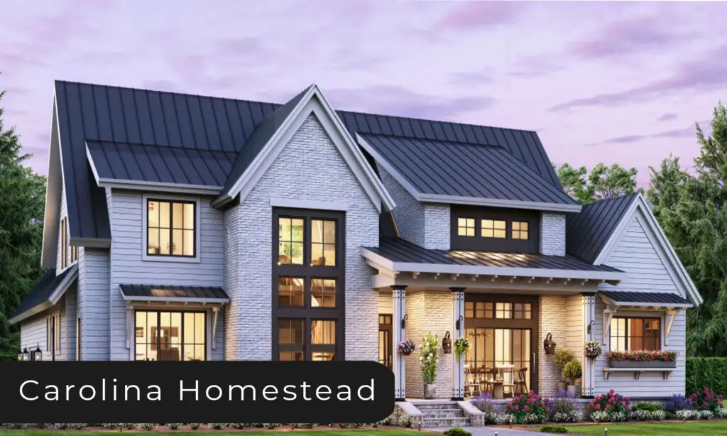Large modern farmhouse-style home with brick and lap siding, oversized windows, and a metal roof