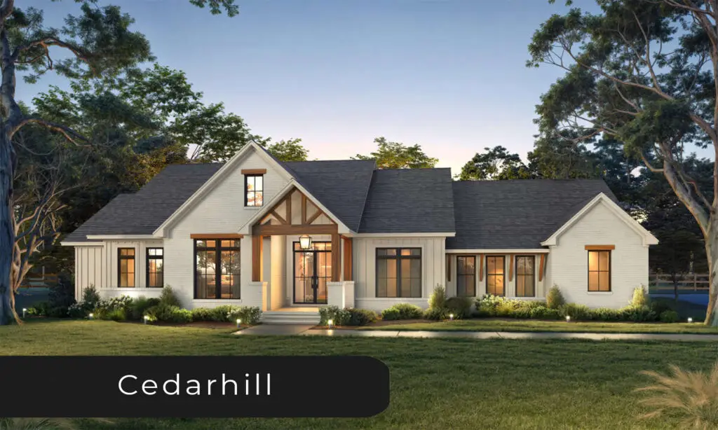 Modern farmhouse home with cedar trim, stucco and board and batten siding, and large windows throughout
